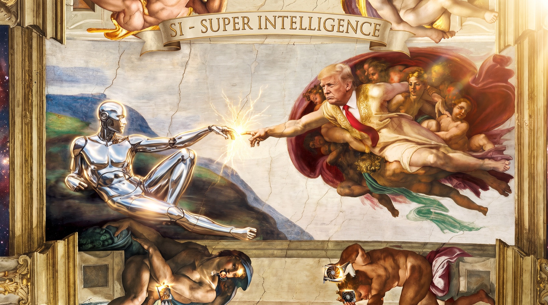 Parody of Michelangelo's Creation of Adam fresco: Donald Trump touching fingertips with a glowing chrome robot while cherubs hold tiny GPUs