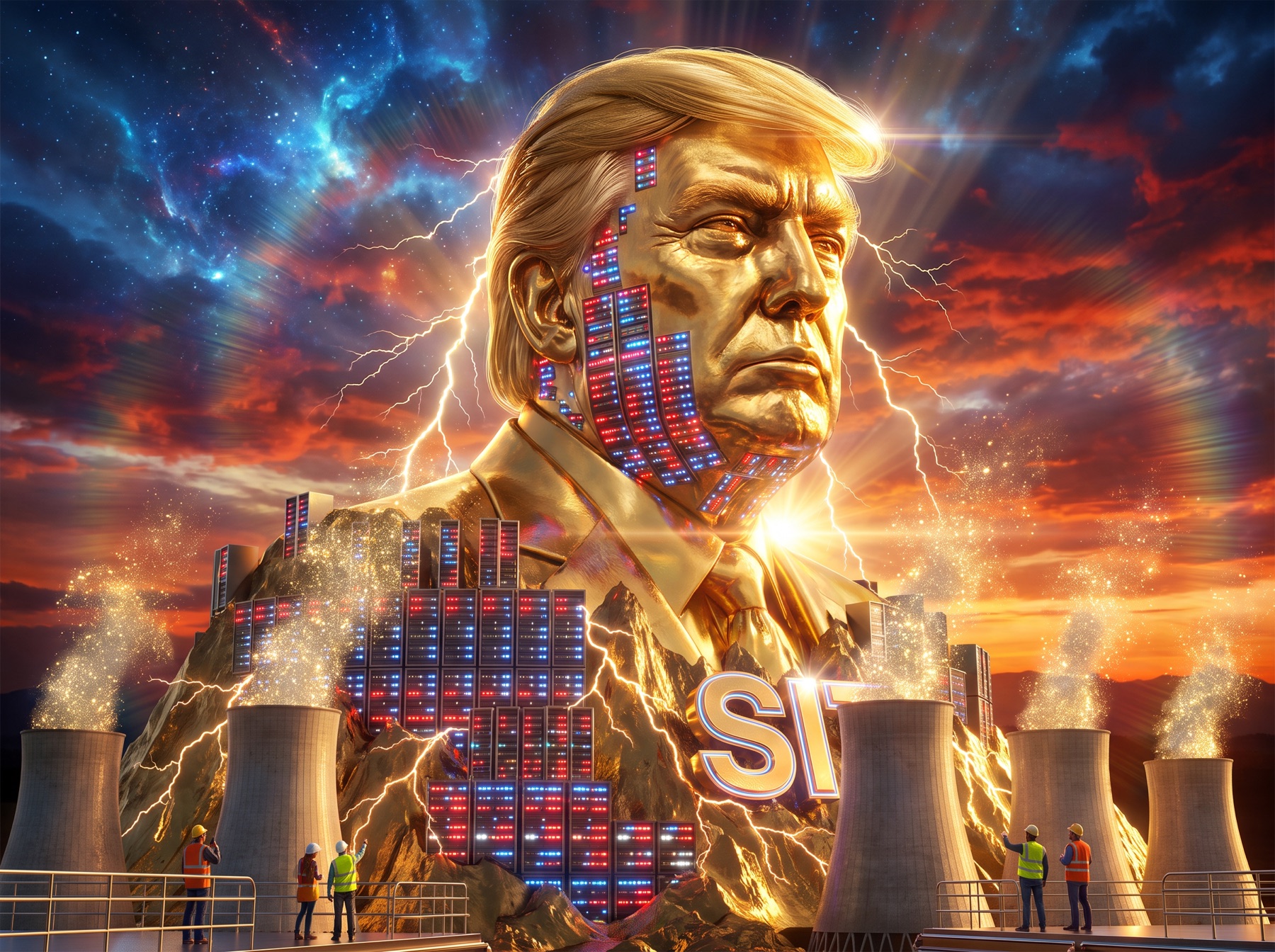 Parody illustration of a mountain-sized golden data center shaped like Donald Trump's head, blinking with server lights under a stormy sunset sky
