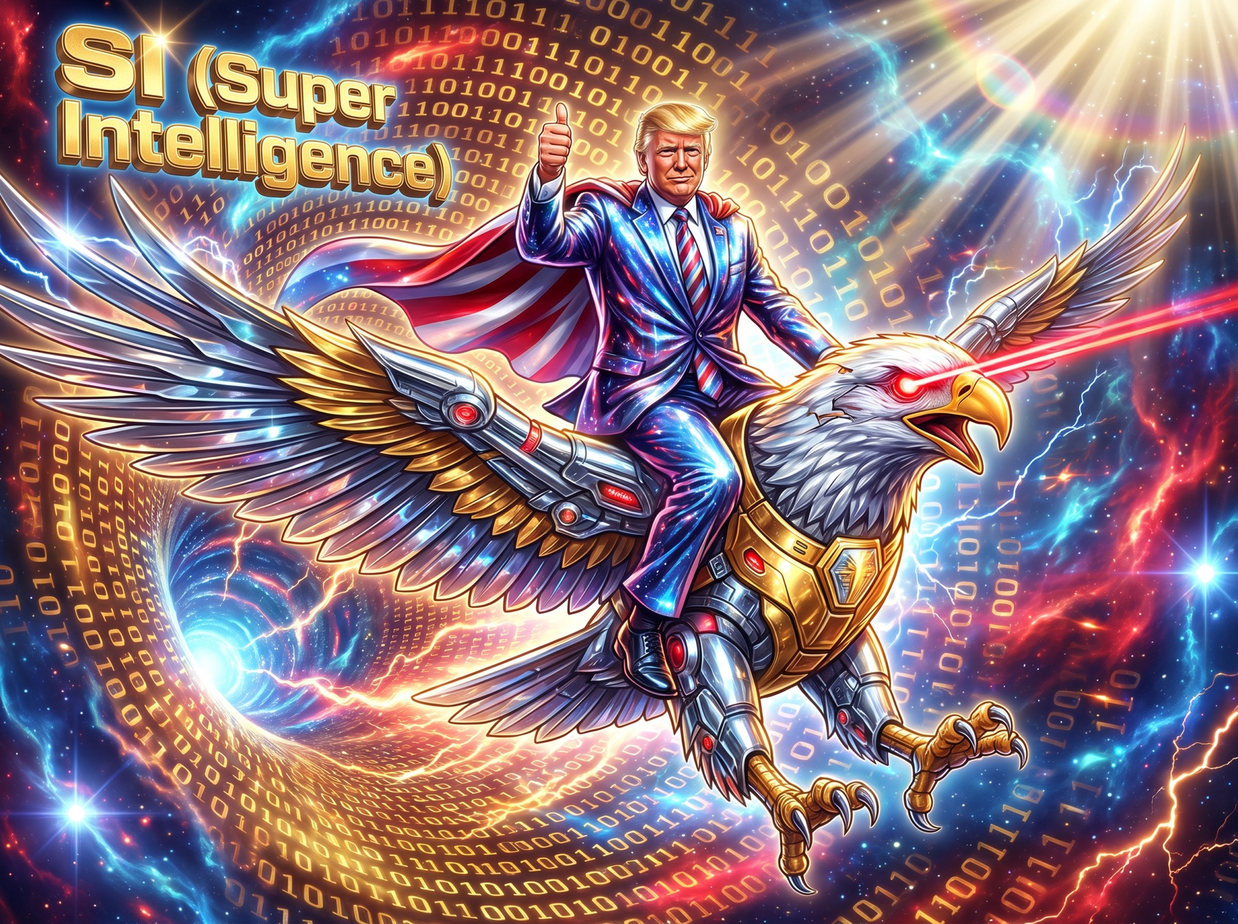 Parody digital art of Donald Trump riding a giant armored cyborg bald eagle with laser eyes through a wormhole of golden binary code