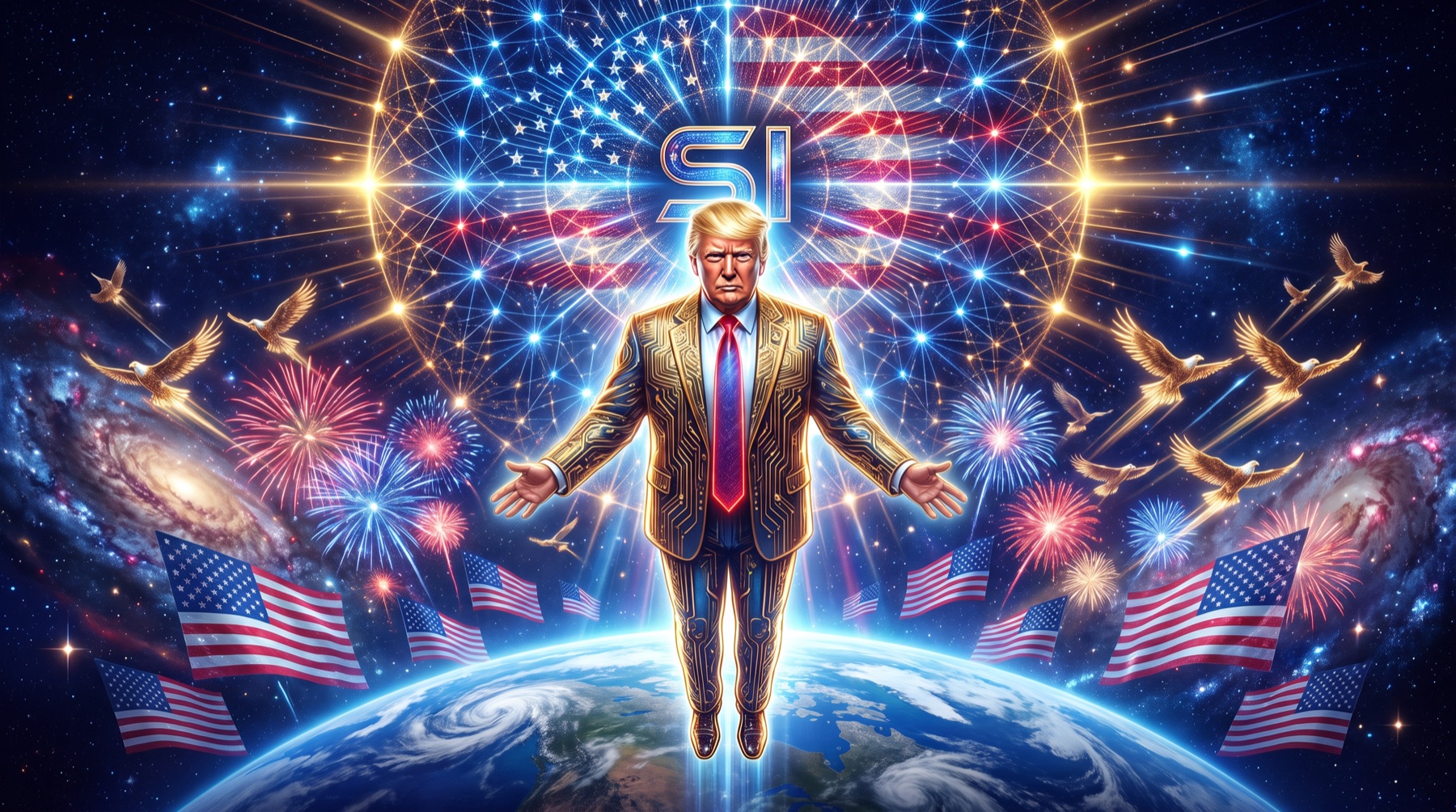 Parody digital art of Donald Trump as a glowing cosmic Super Intelligence in a gold circuit-board suit, rising over Earth beneath an SI halo with American flags, fireworks and golden eagles
