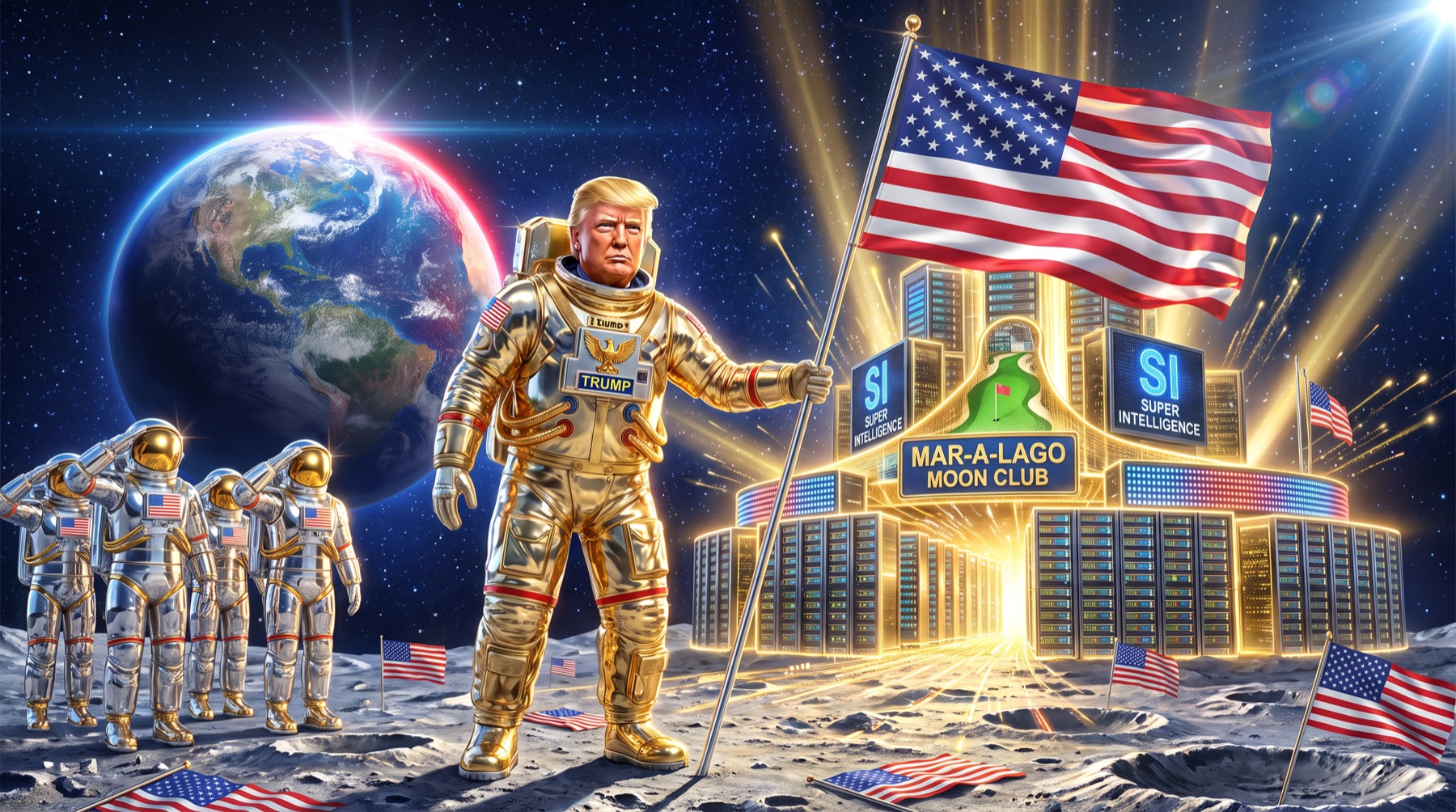Parody illustration of Donald Trump in a golden spacesuit planting an American flag on the moon beside a glowing supercomputer cluster as Earth rises