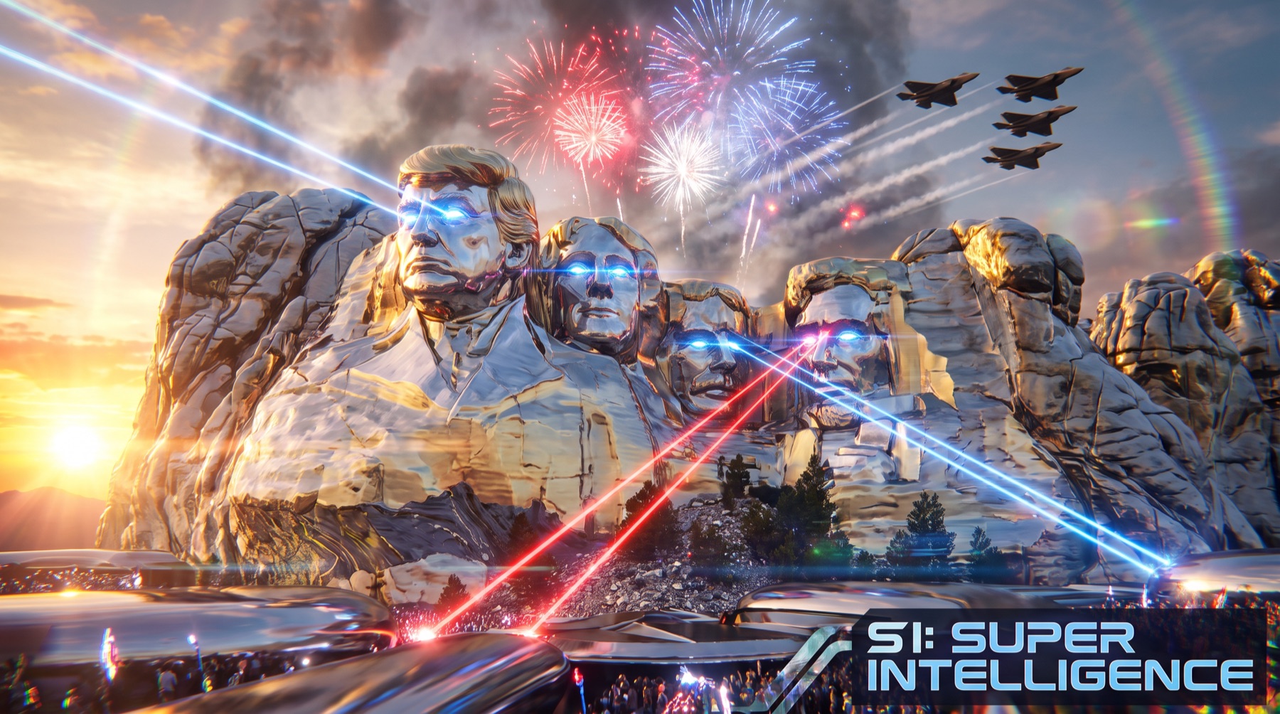 Parody illustration of Mount Rushmore with four chrome and gold Donald Trump faces with glowing blue eyes, fireworks and fighter jets