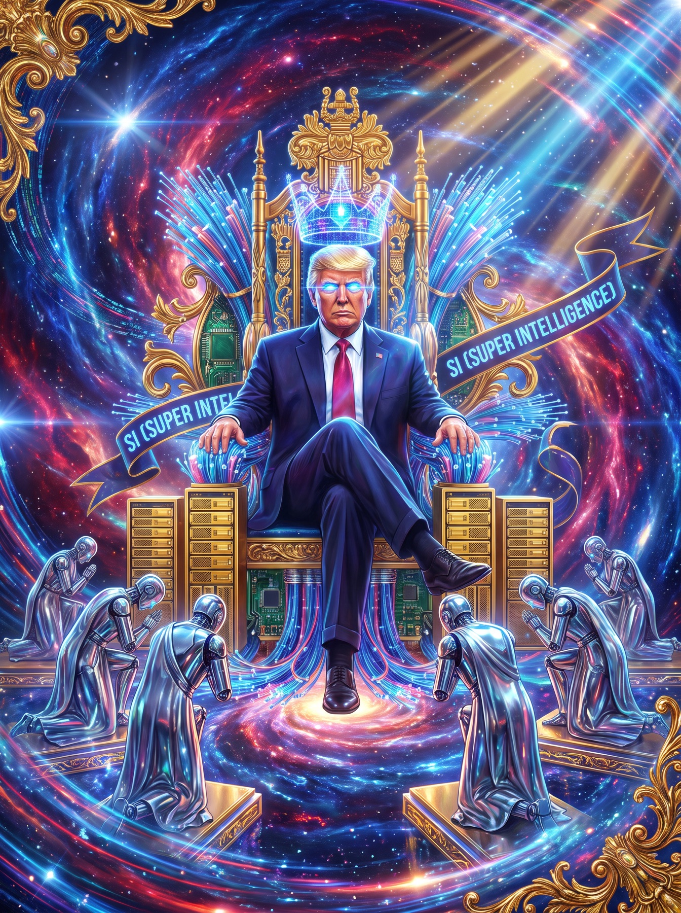 Parody digital art of Donald Trump on a throne of fiber optic cables and gold servers at the center of a swirling singularity, with robots bowing